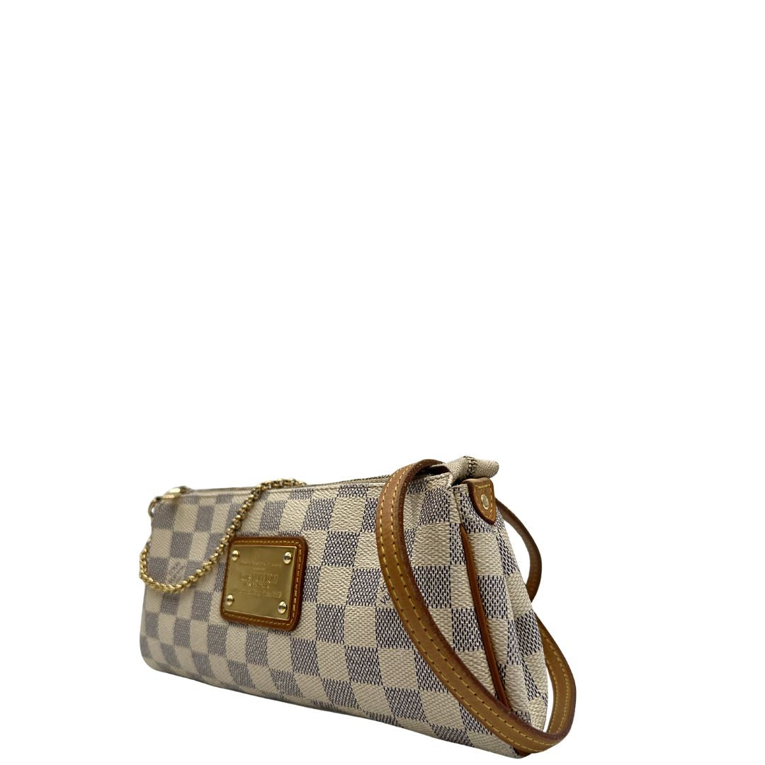 lato Borsa Louis Vuitton Eva in canvas Damier Azur con parti metalliche dorate, di lusso, originale, ottime condizioni, usata 