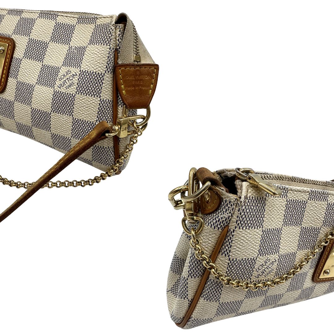 Borsa Louis Vuitton Eva in canvas Damier Azur con parti metalliche dorate, di lusso, originale, ottime condizioni, usata