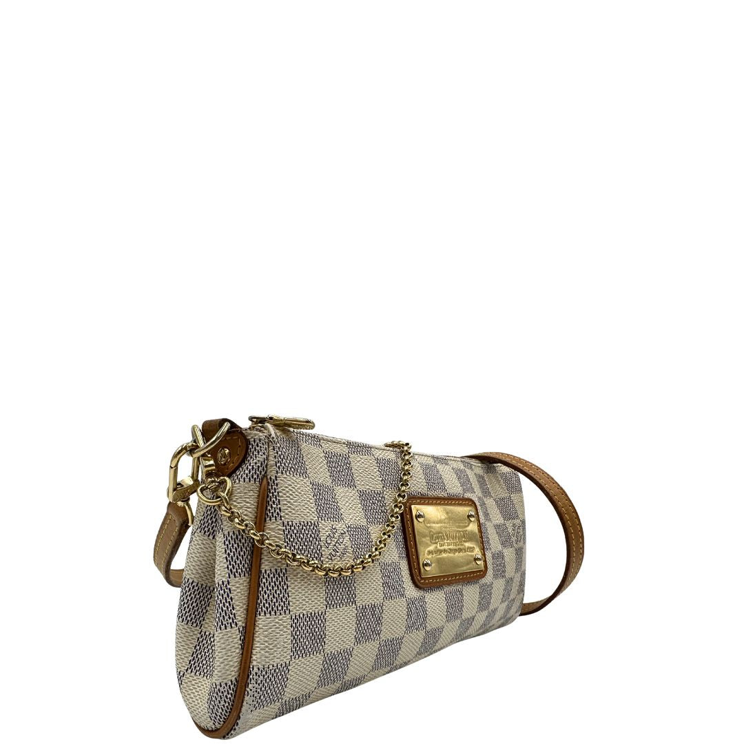lato Borsa Louis Vuitton Eva in canvas Damier Azur con parti metalliche dorate, di lusso, originale, ottime condizioni, usata 