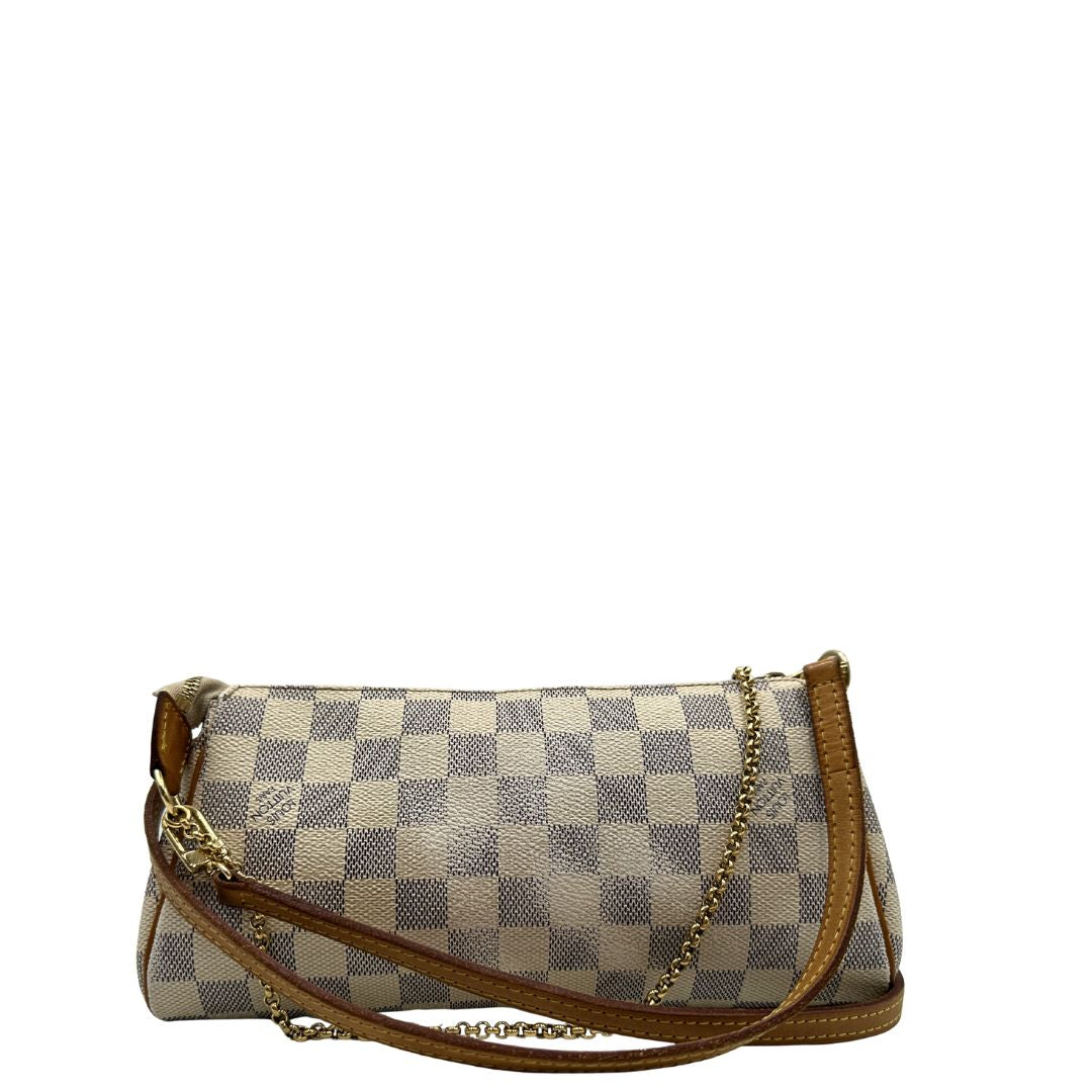 retro Borsa Louis Vuitton Eva in canvas Damier Azur con parti metalliche dorate, di lusso, originale, ottime condizioni, usata 