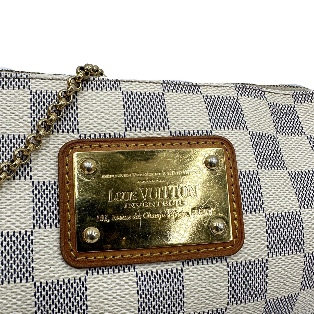 Borsa Louis Vuitton Eva in canvas Damier Azur con parti metalliche dorate, di lusso, originale, ottime condizioni, usata