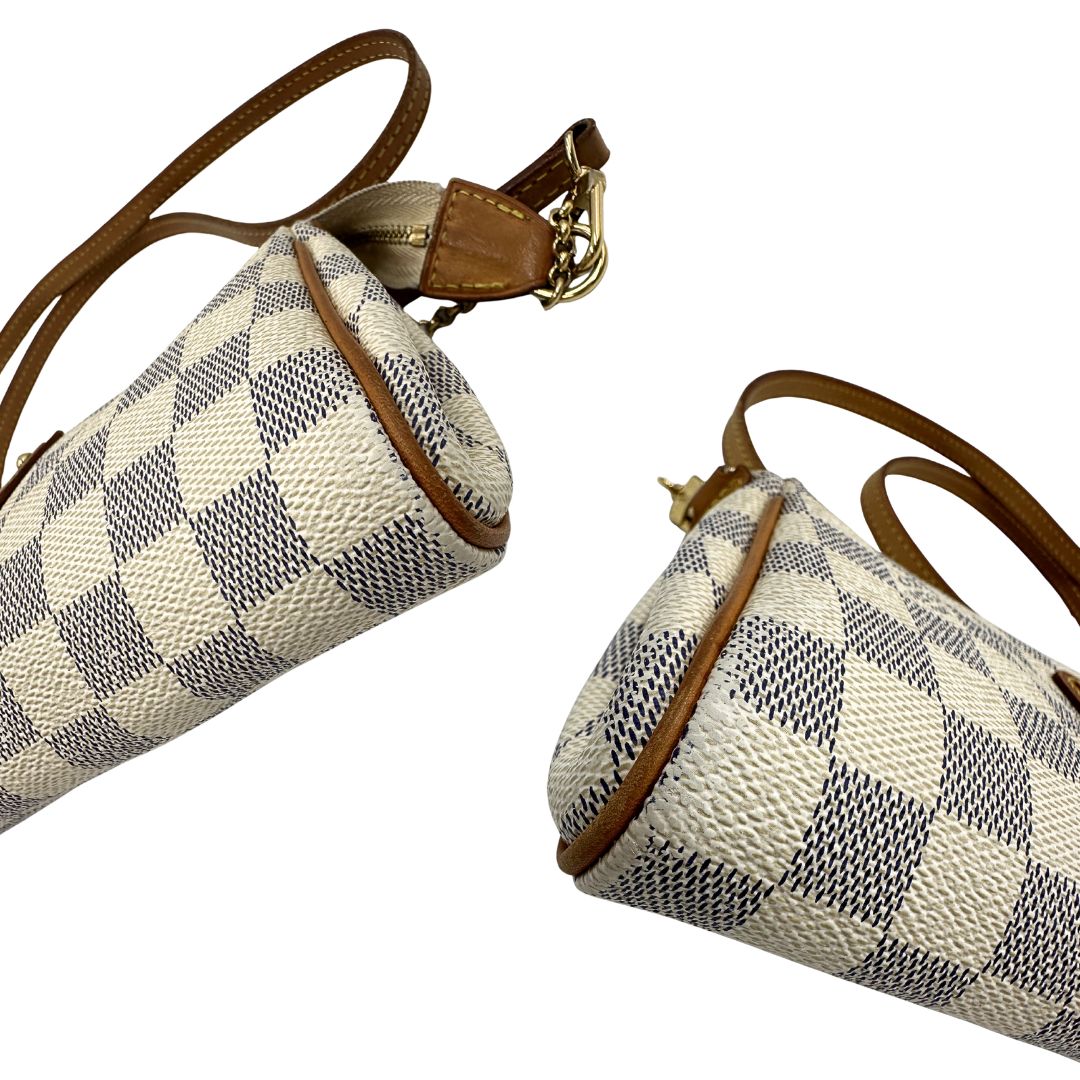 angoli Borsa Louis Vuitton Eva in canvas Damier Azur con parti metalliche dorate, di lusso, originale, ottime condizioni, usata 