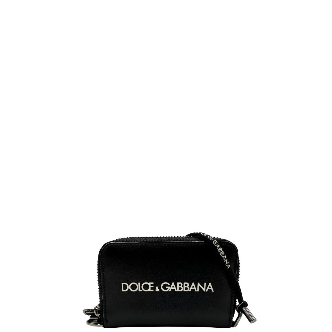  Portafoglio D&G in pelle nera con logo sul front, munito di una tracollina, di lusso, usato