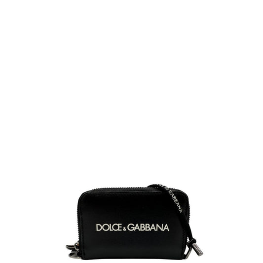  Portafoglio D&G in pelle nera con logo sul front, munito di una tracollina, di lusso, usato