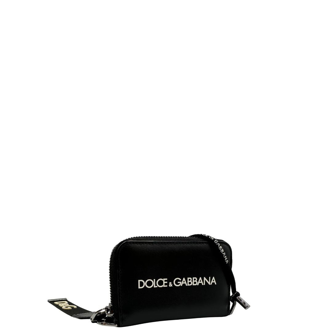  Portafoglio D&G in pelle nera con logo sul front, munito di una tracollina, di lusso, usato