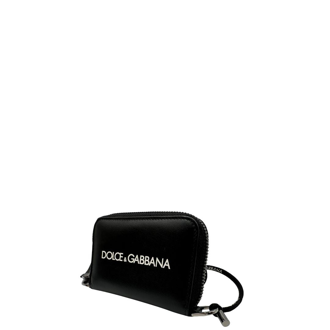  Portafoglio D&G in pelle nera con logo sul front, munito di una tracollina, di lusso, usato