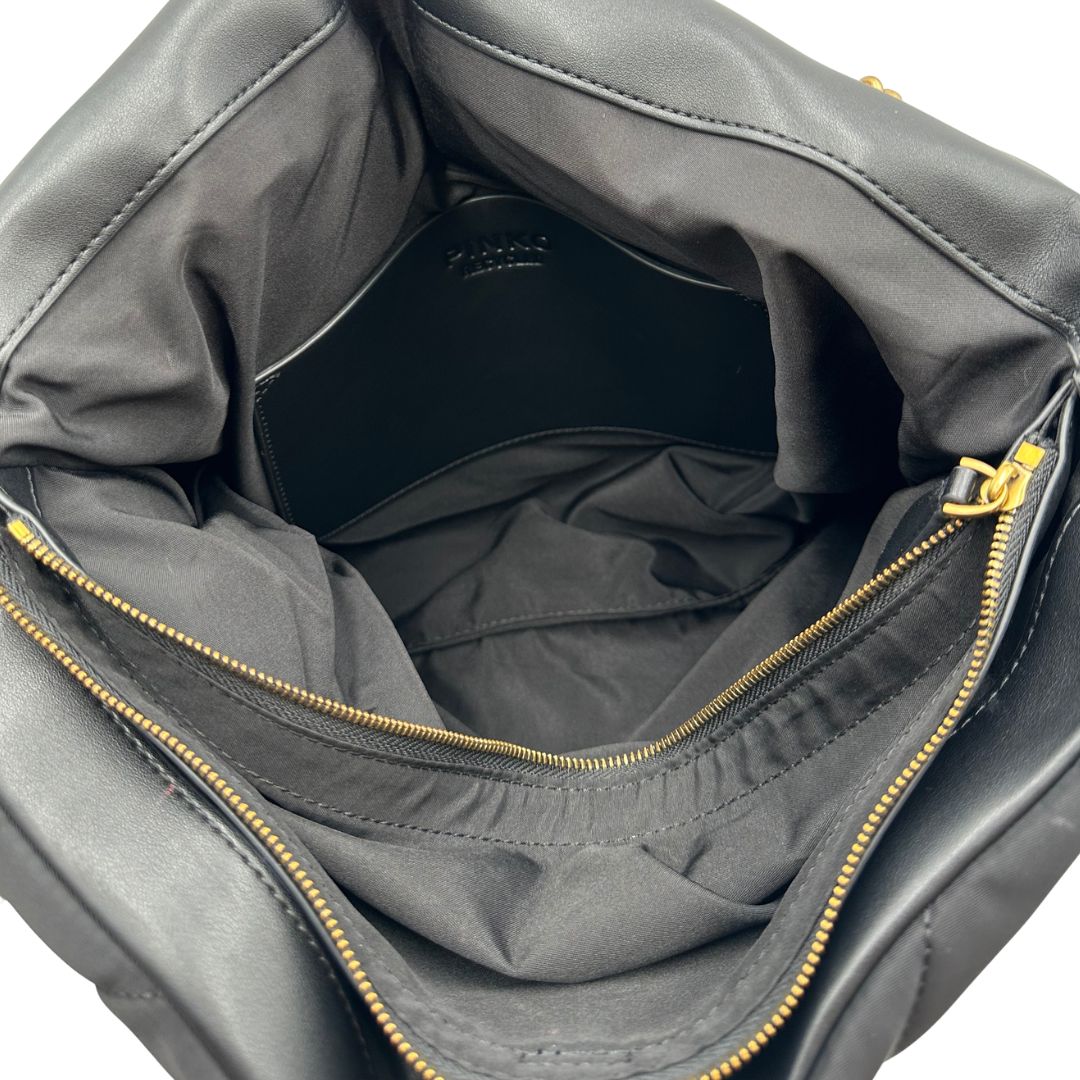 interno Borsa Pinko nella versione extra in morbido nylon nero trapuntata e hardware dorato, di lusso, originale, ottime condizioni, usata