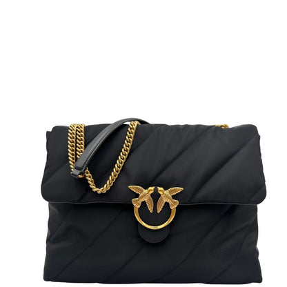 front Borsa Pinko nella versione extra in morbido nylon nero trapuntata e hardware dorato, di lusso, originale, ottime condizioni, usata 