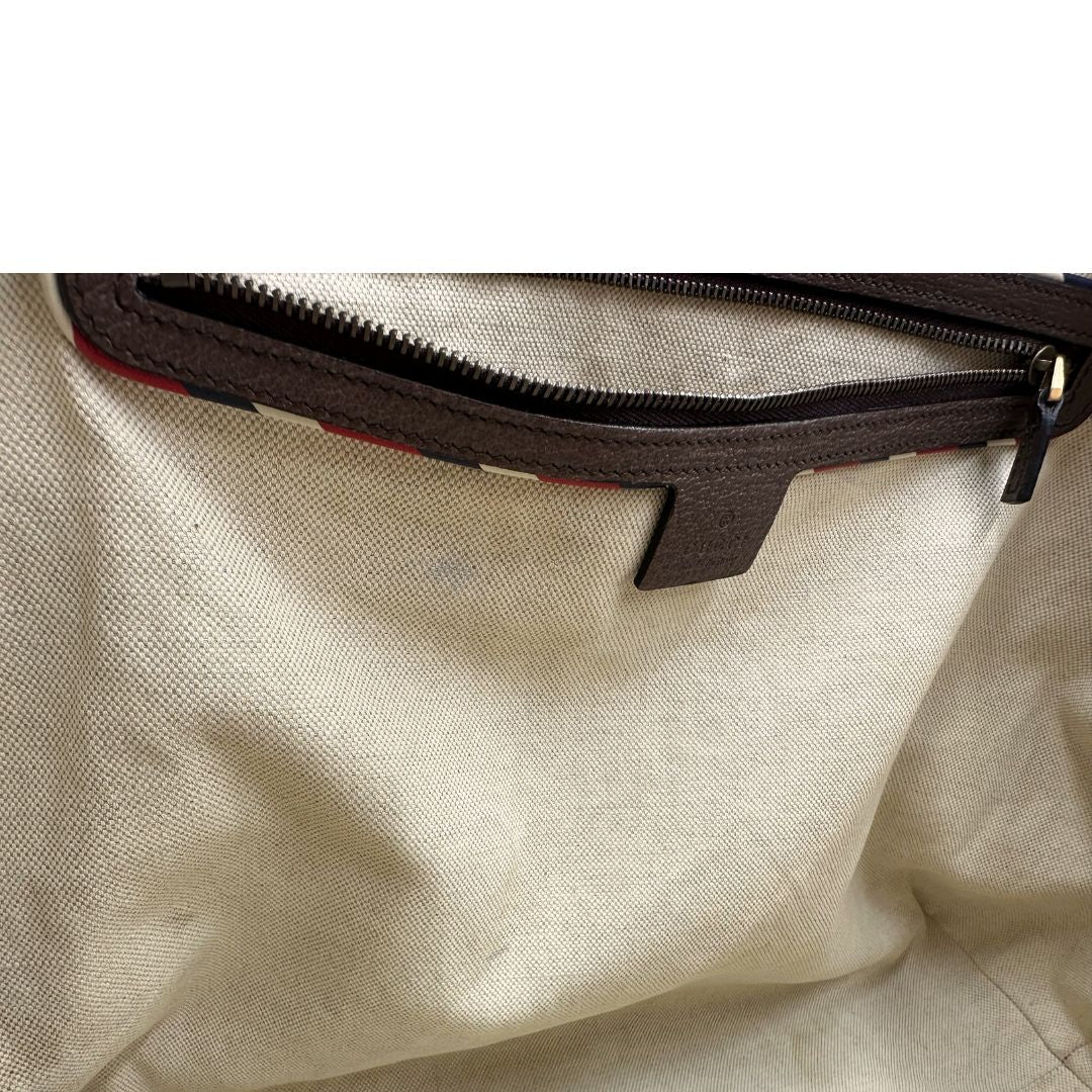 interno Borsa Gucci in canvas beige GG e finiture in pelle marrone, di lusso, originale, usata