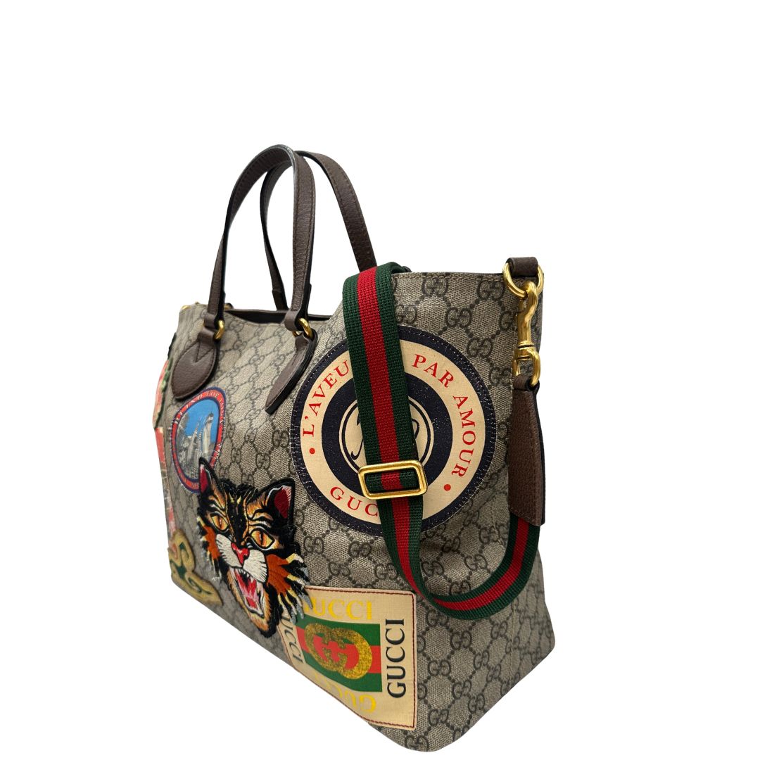 lato Borsa Gucci in canvas beige GG e finiture in pelle marrone, di lusso, originale, usata 
