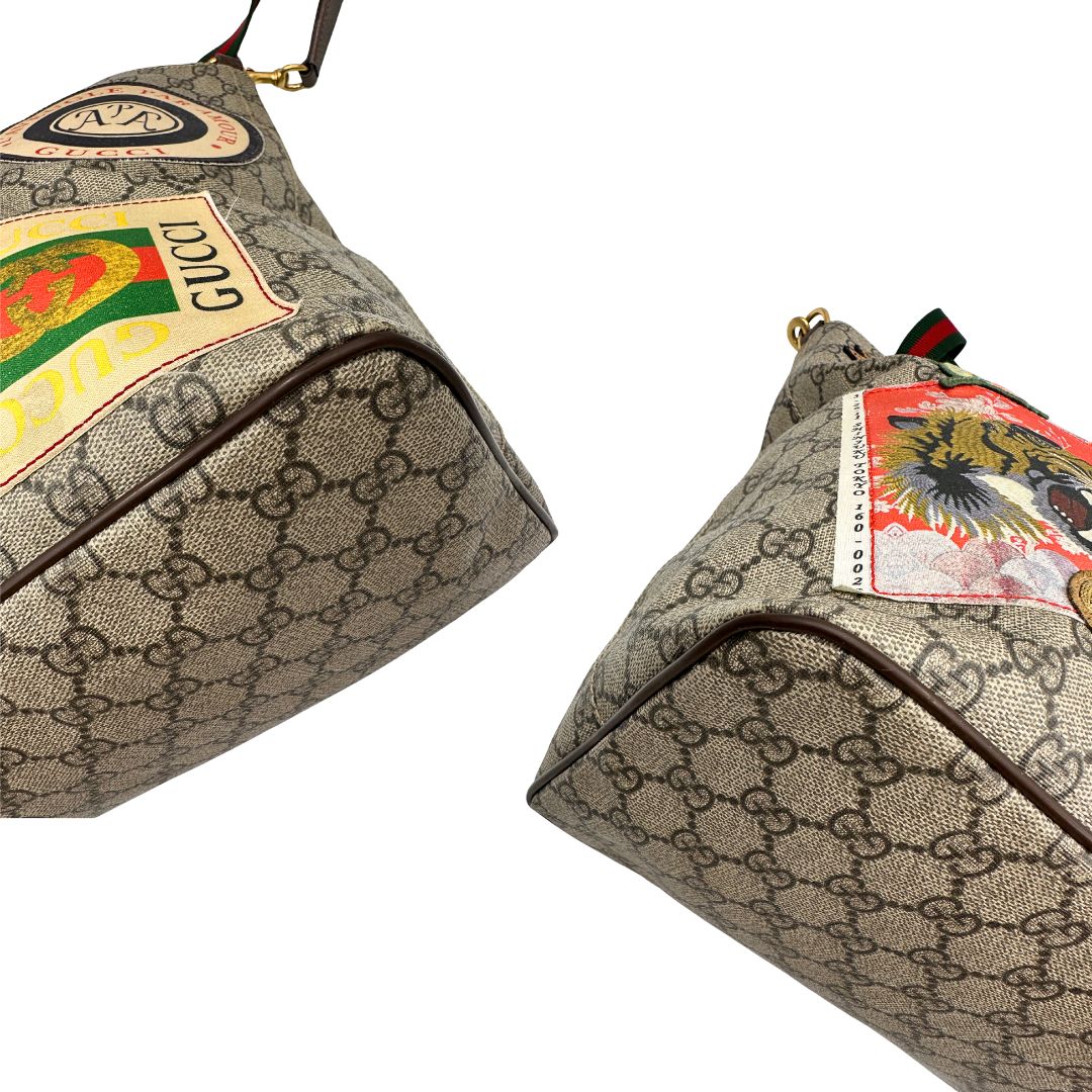 angoli Borsa Gucci in canvas beige GG e finiture in pelle marrone, di lusso, originale, usata 