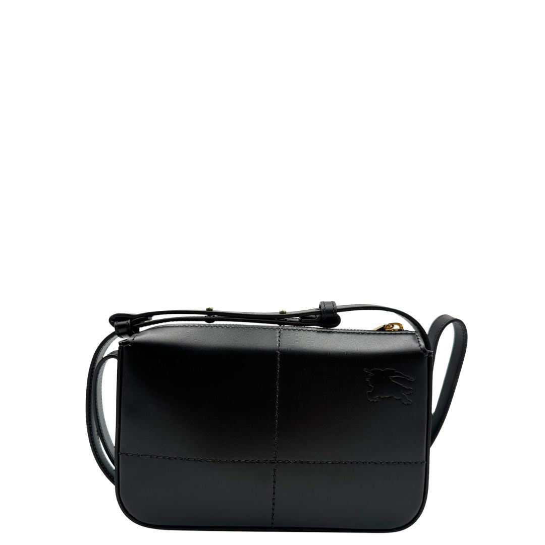 Retro borsa Burberry Snip in pelle liscia nera con tracolla regolabile e hardware dorato. Originale, di lusso, usata, in condizioni eccellenti. 