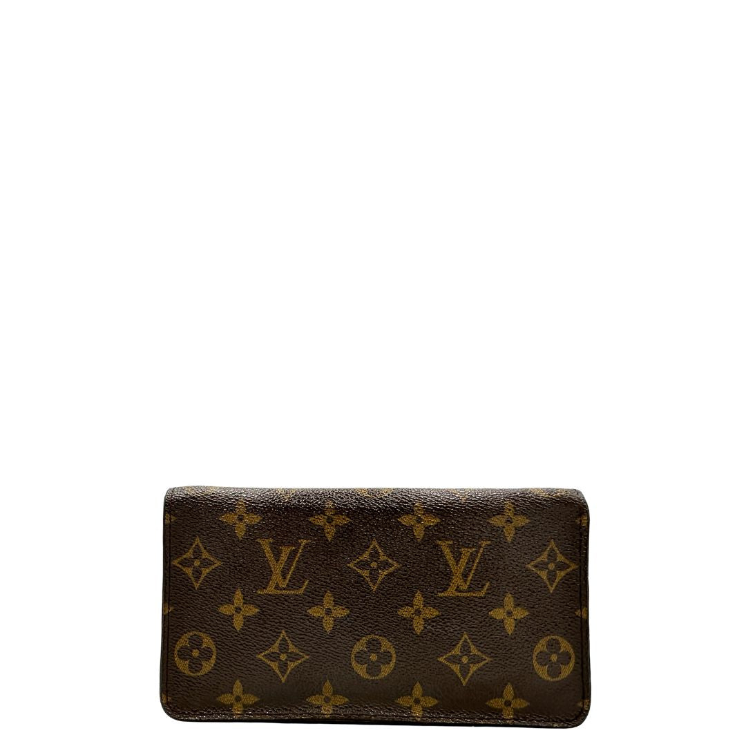 Front Portafoglio compatto Louis Vuitton in canvas marrone monogram, con chiusura con cerniera e parti metalliche dorate. Originale, di lusso, usato, in condizioni ottime. 