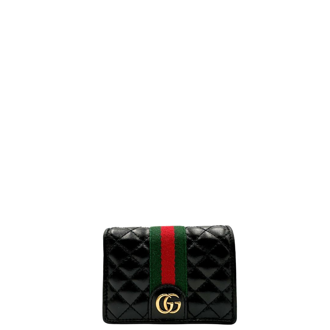 Portafoglio Gucci in pelle nera con dettaglio Web verde e rosso