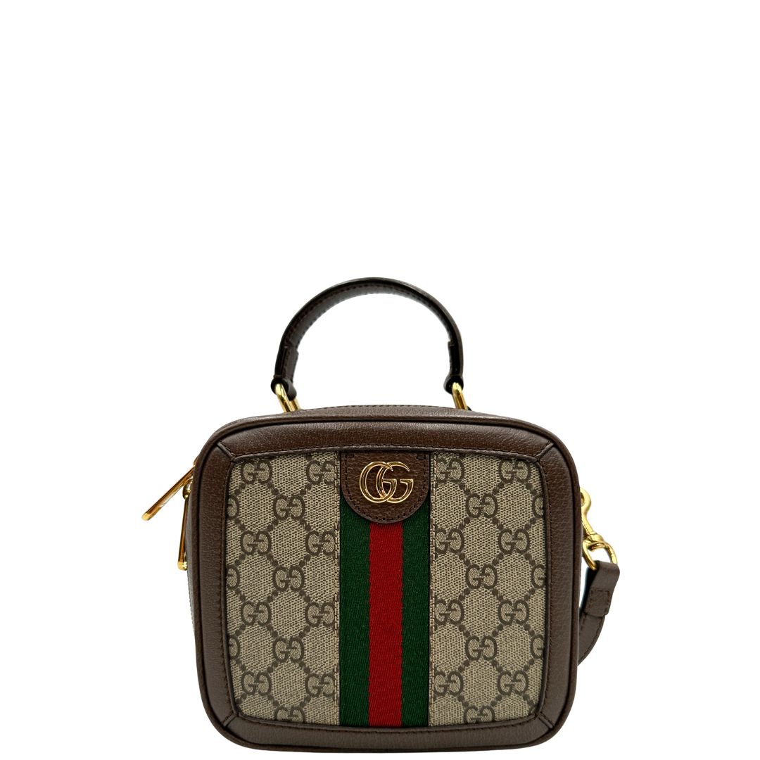 front Borsa Gucci in canvas GG Supreme con l'iconica striscia Web verde e rossa, di lusso, originale, ottime condizioni, usata 