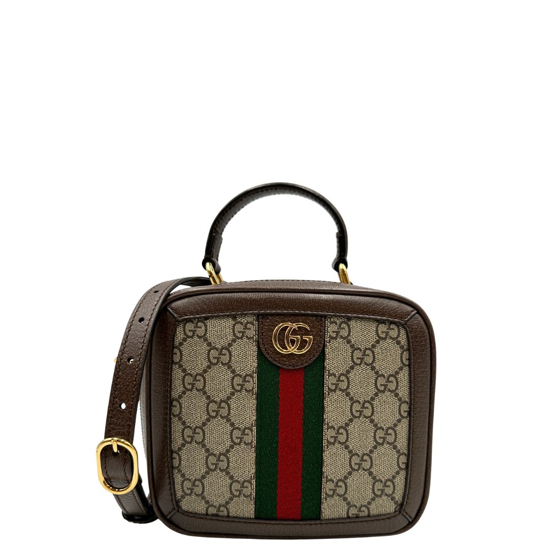 front Borsa Gucci in canvas GG Supreme con l'iconica striscia Web verde e rossa, di lusso, originale, ottime condizioni, usata 