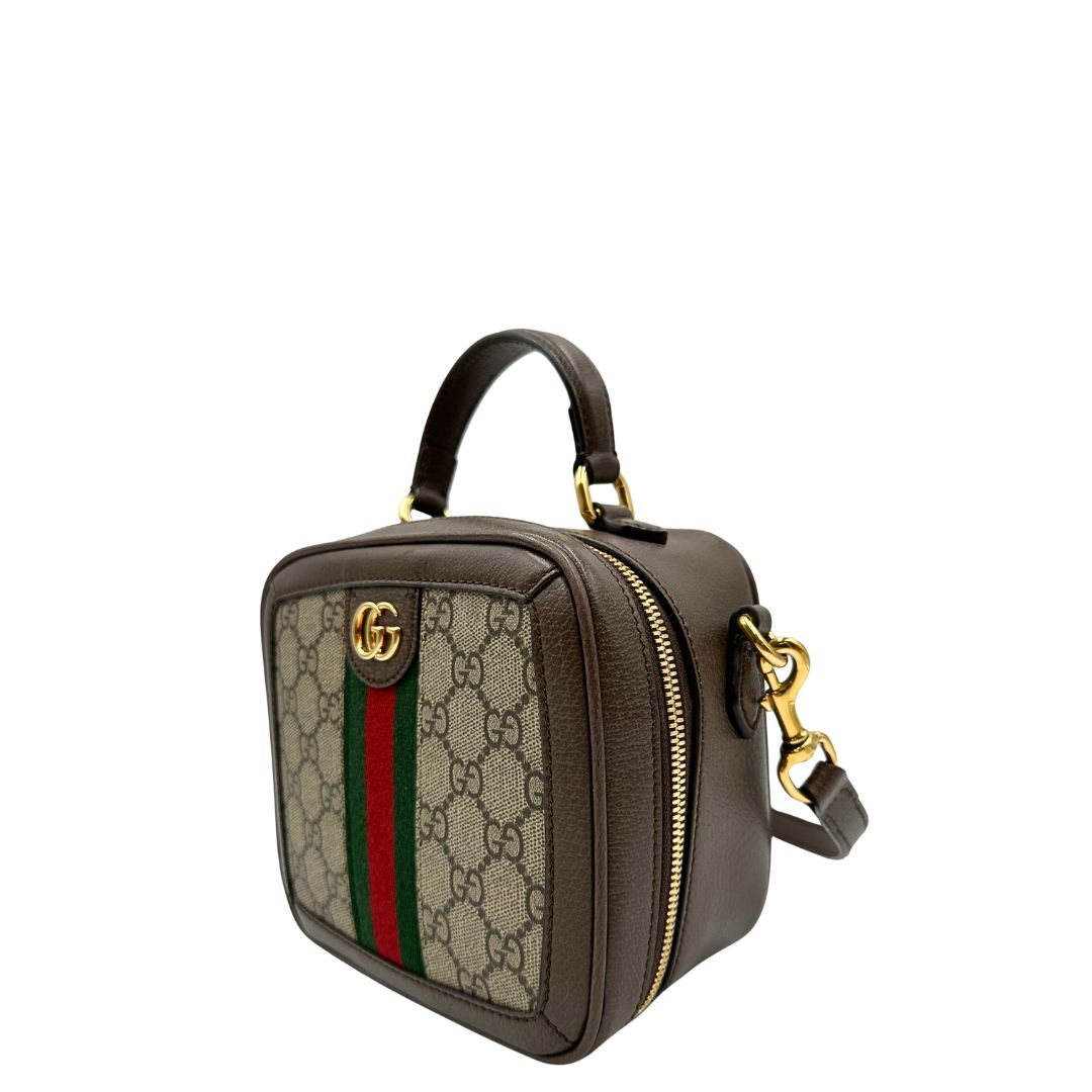 lato Borsa Gucci in canvas GG Supreme con l'iconica striscia Web verde e rossa, di lusso, originale, ottime condizioni, usata 