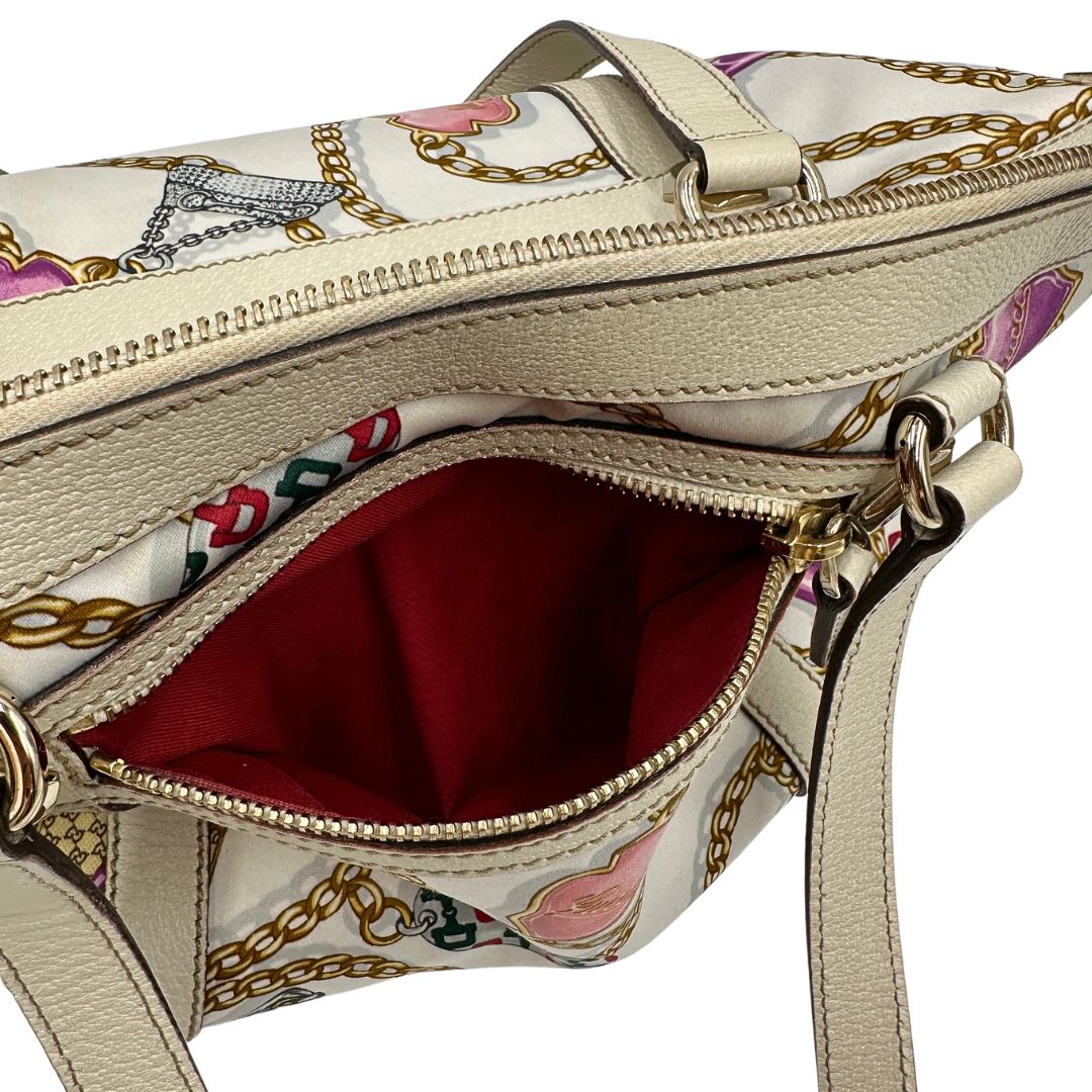 interno Borsa Gucci in tessuto con trama multicolor e finiture in pelle color bianco gesso, di lusso, originale, ottime condizioni, usata