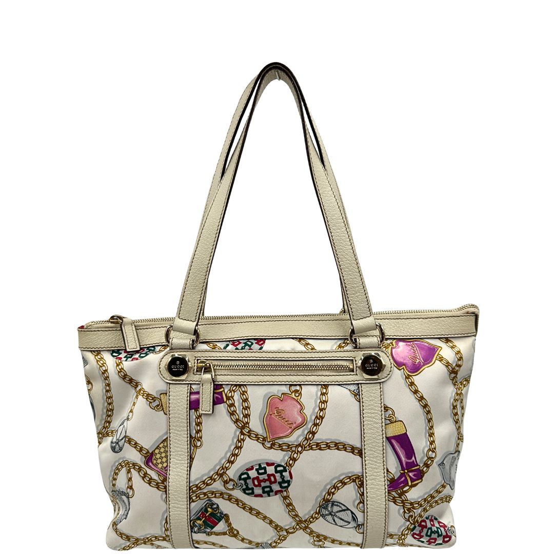 front  Borsa Gucci in tessuto con trama multicolor e finiture in pelle color bianco gesso, di lusso, originale, ottime condizioni, usata 