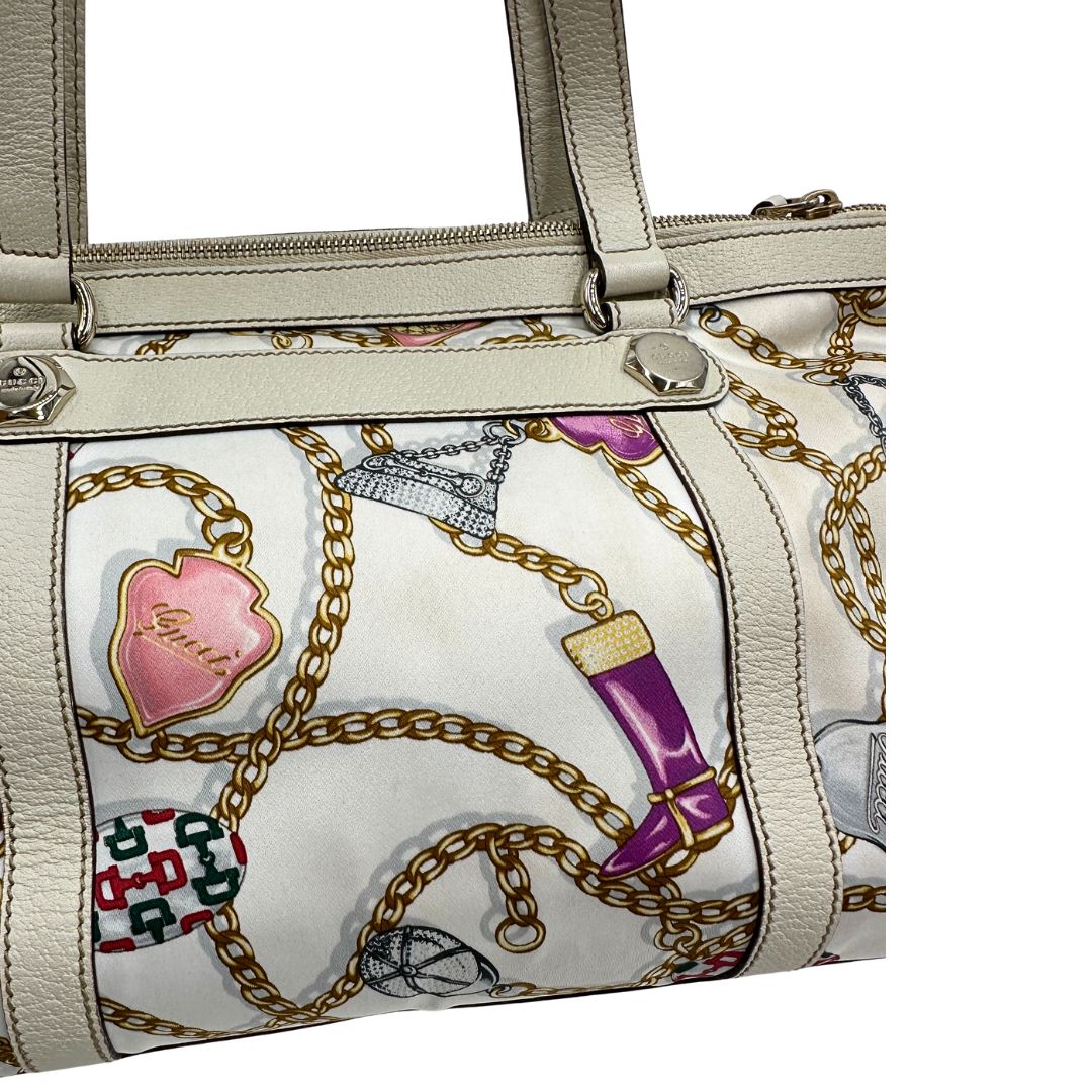  Borsa Gucci in tessuto con trama multicolor e finiture in pelle color bianco gesso, di lusso, originale, ottime condizioni, usata 