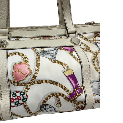  Borsa Gucci in tessuto con trama multicolor e finiture in pelle color bianco gesso, di lusso, originale, ottime condizioni, usata 