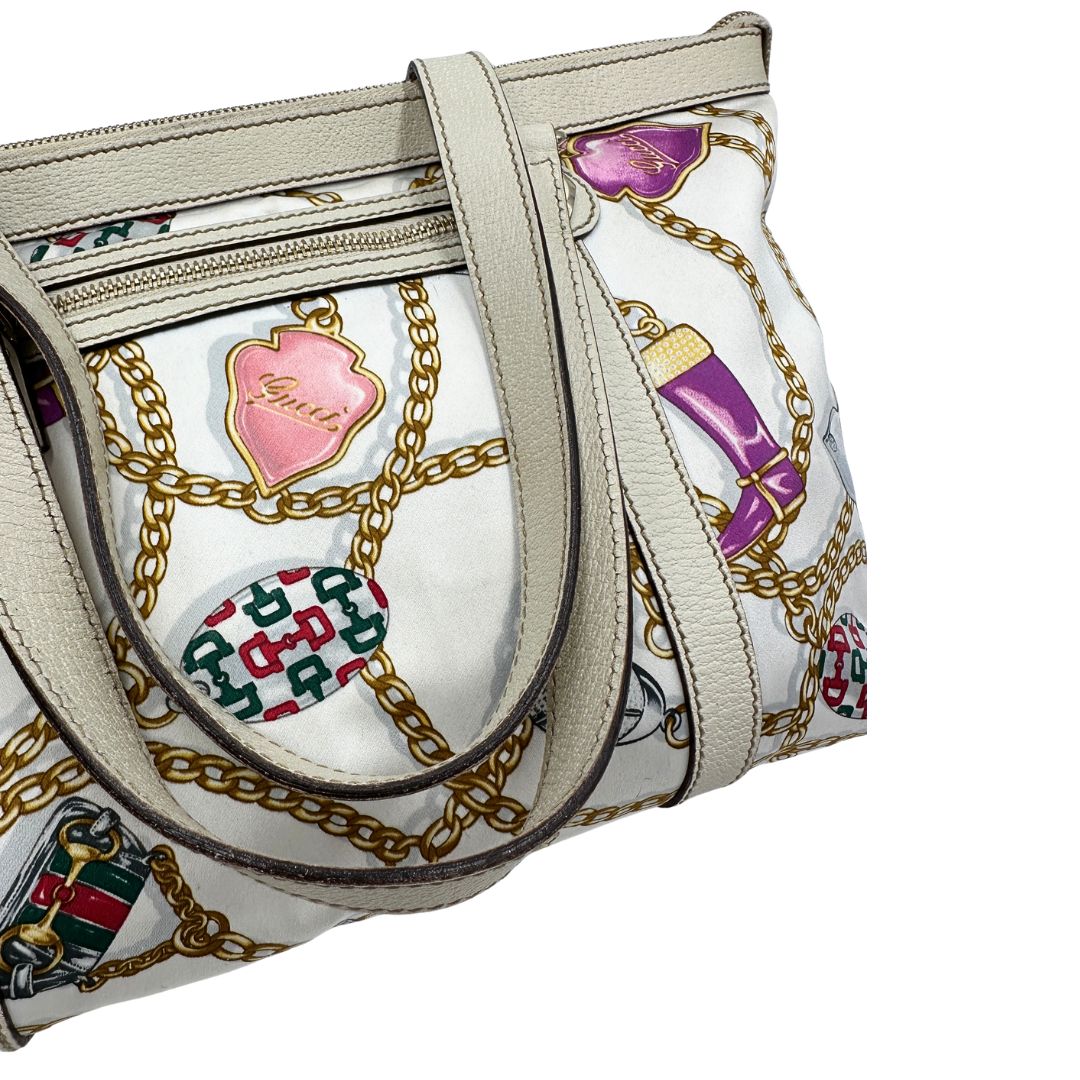  Borsa Gucci in tessuto con trama multicolor e finiture in pelle color bianco gesso, di lusso, originale, ottime condizioni, usata