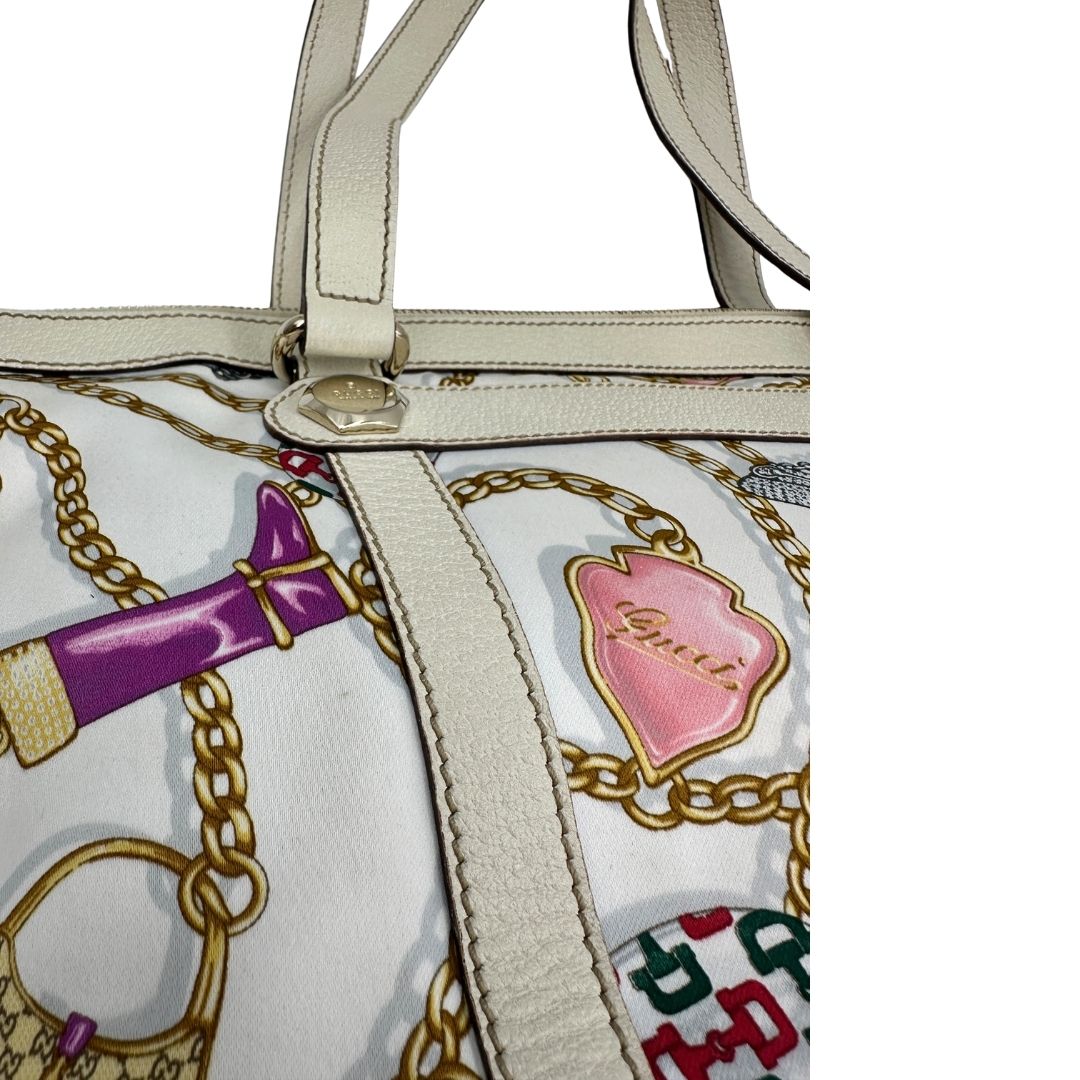  Borsa Gucci in tessuto con trama multicolor e finiture in pelle color bianco gesso, di lusso, originale, ottime condizioni, usata
