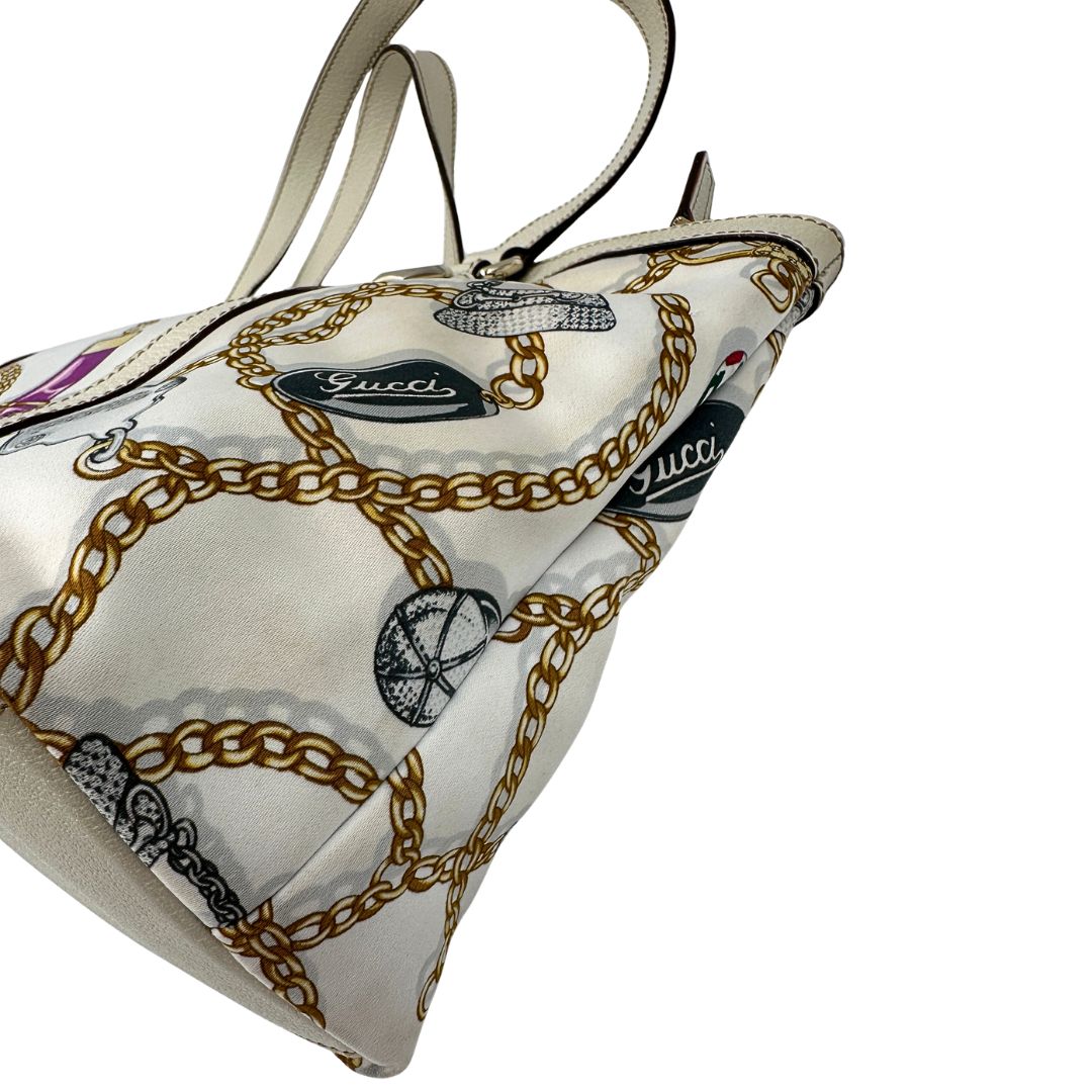  Borsa Gucci in tessuto con trama multicolor e finiture in pelle color bianco gesso, di lusso, originale, ottime condizioni, usata