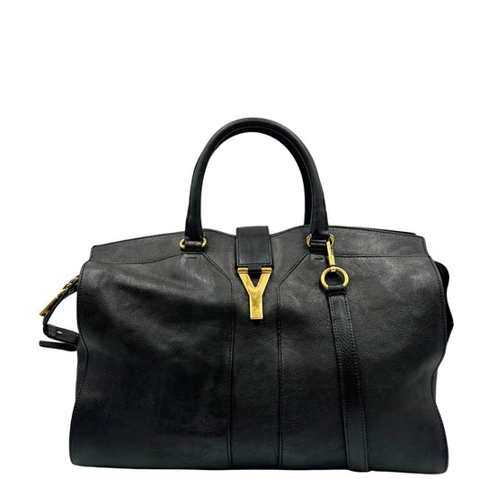 Front borsa Yves Saint Laurent modello Cabas Chyc in pelle nera con parti metalliche dorate. Originale, di lusso, usato, in condizioni ottime.