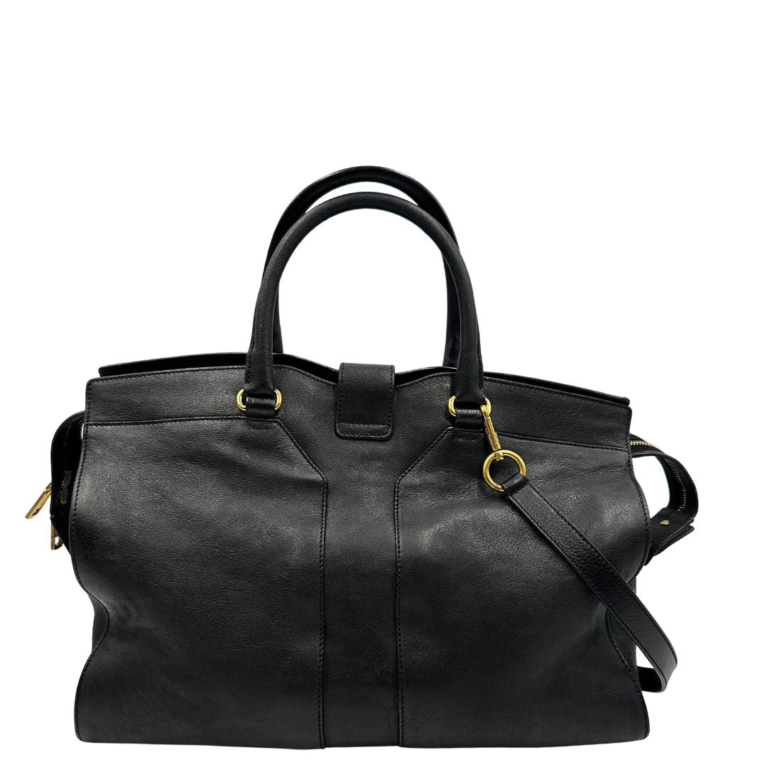 Retro borsa Yves Saint Laurent modello Cabas Chyc in pelle nera con parti metalliche dorate. Originale, di lusso, usato, in condizioni ottime.