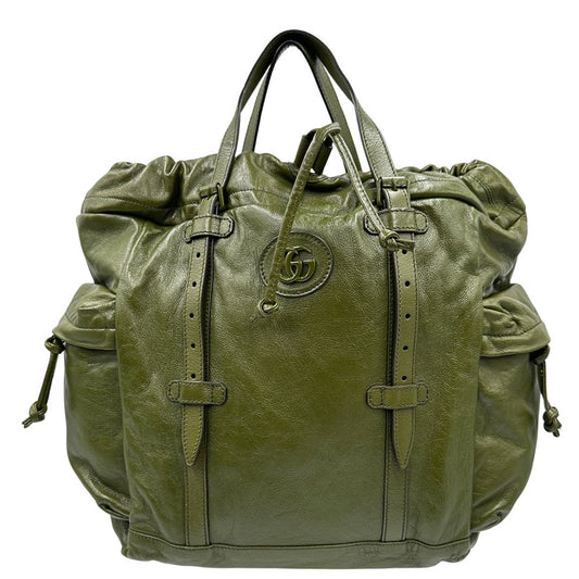 front  Tote Gucci Monochrome Double G Drawstring in pelle verde con manici regolabili, di lusso, originale, ottime condizioni, usata 