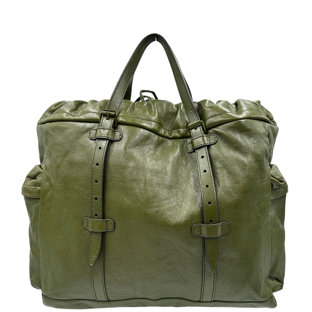 retro Tote Gucci Monochrome Double G Drawstring in pelle verde con manici regolabili, di lusso, originale, ottime condizioni, usata