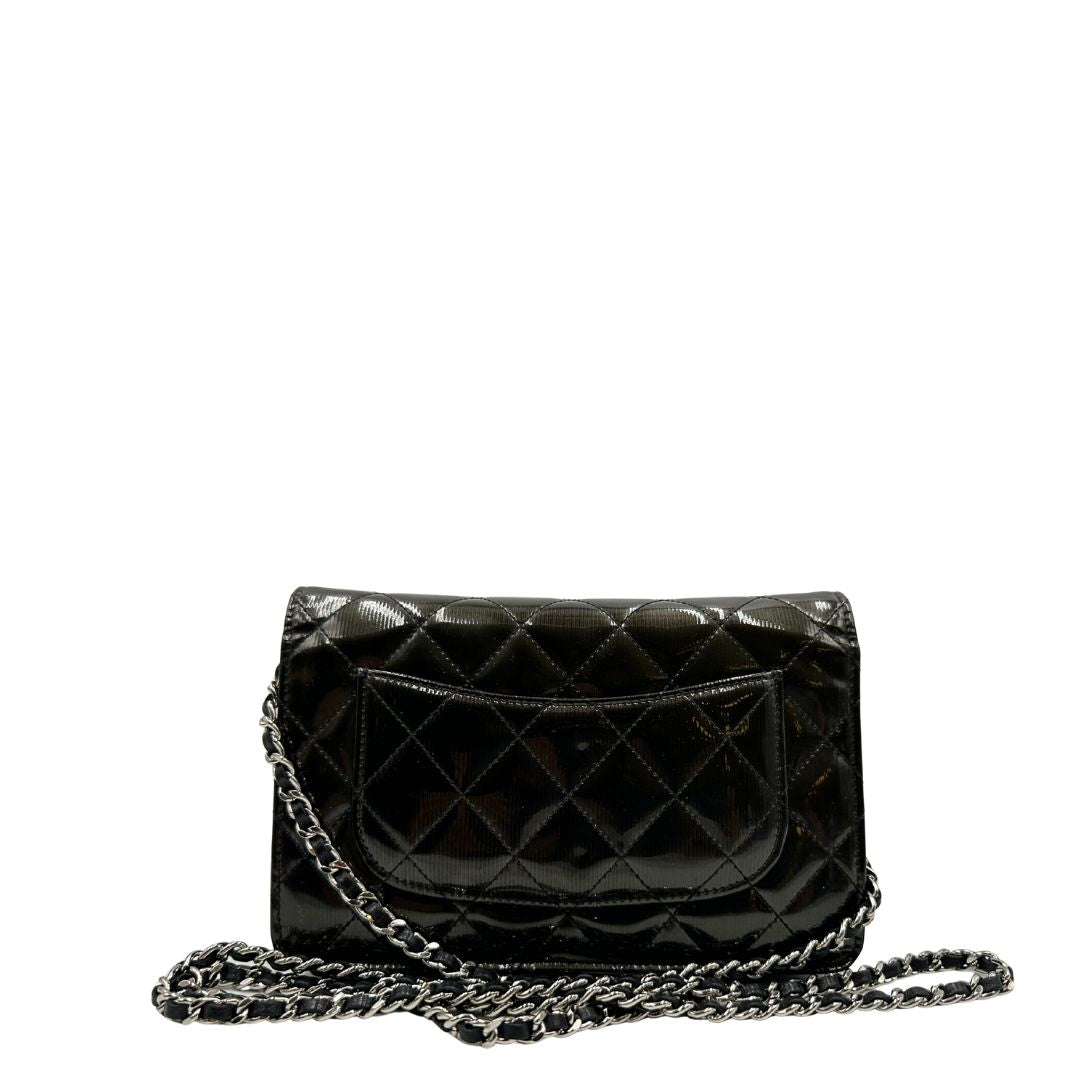 retro WOC Chanel in pelle verniciata in trama trapuntata verde petrolio e hardware argento, di lusso, originale, ottime condizioni 