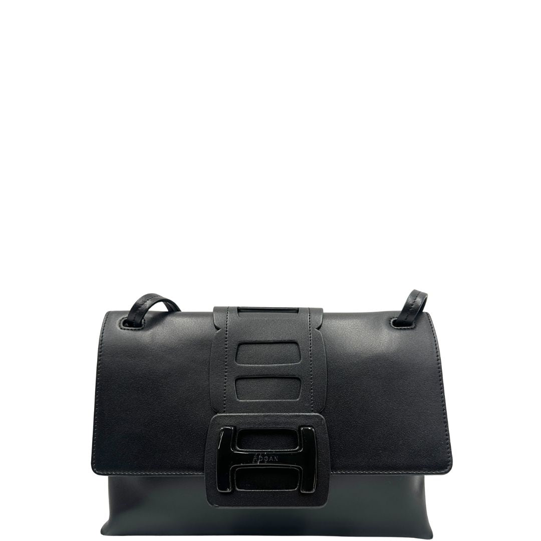 front Borsa Hogan H-Bag in pelle nera munita di doppi manici, indossabile a spalla, di lusso, originale, ottime condizioni, usata 