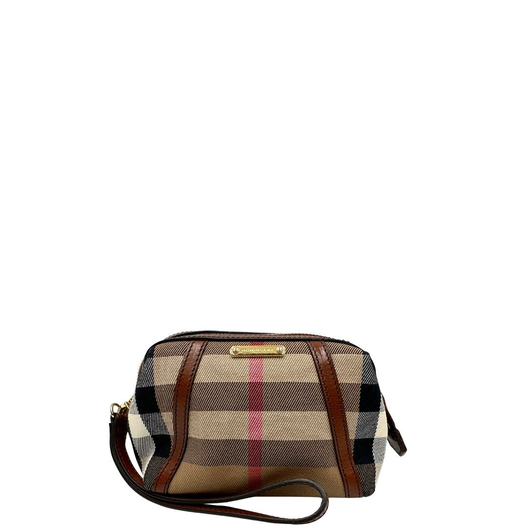 front Pochette Burberry in tessuto trama tartan con finiture in pelle marroni, di lusso, originale, ottime condizioni, usata 