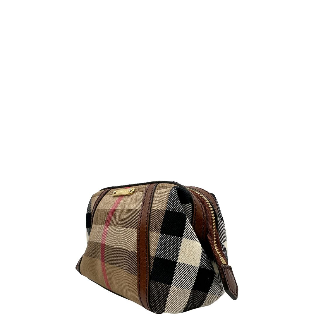 Pochette Burberry in tessuto trama tartan con finiture in pelle marroni, di lusso, originale, ottime condizioni, usata
