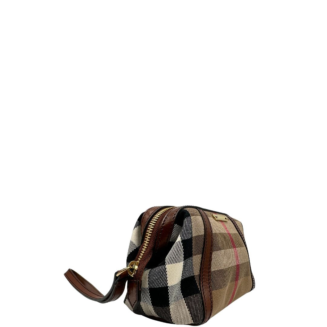 lato Pochette Burberry in tessuto trama tartan con finiture in pelle marroni, di lusso, originale, ottime condizioni, usata 