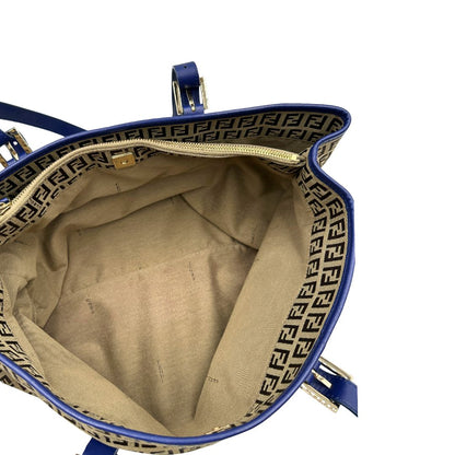 interno Borsa Fendi in tessuto trama zucchino con finiture in pelle blu, di lusso, originale, ottime condizioni, usata 