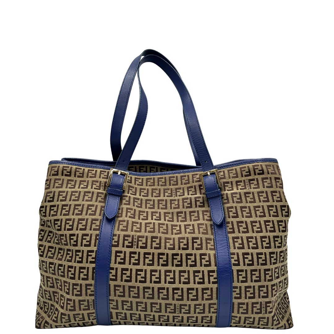 front  Borsa Fendi in tessuto trama zucchino con finiture in pelle blu, di lusso, originale, ottime condizioni, usata 