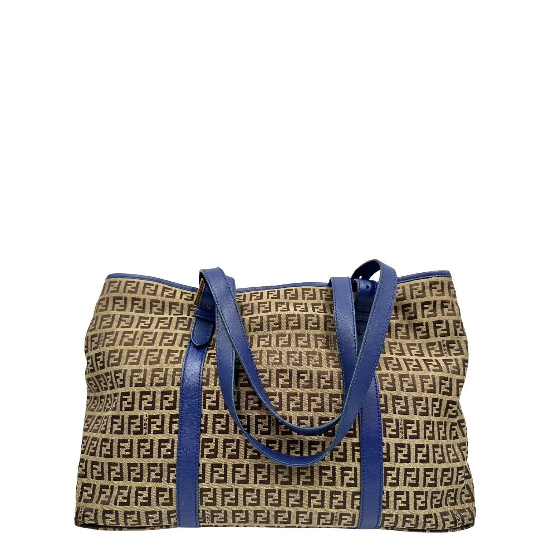 retro Borsa Fendi in tessuto trama zucchino con finiture in pelle blu, di lusso, originale, ottime condizioni, usata