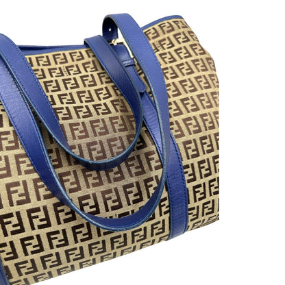 manici  Borsa Fendi in tessuto trama zucchino con finiture in pelle blu, di lusso, originale, ottime condizioni, usata 