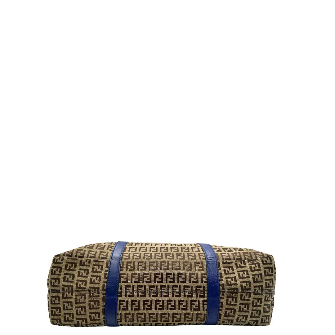 Borsa Fendi in tessuto trama zucchino con finiture in pelle blu, di lusso, originale, ottime condizioni, usata