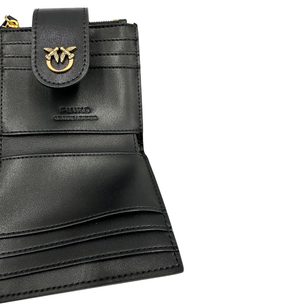 Portafoglio Pinko in pelle nera con hardware dorato, di lusso, eccellenti condizioni