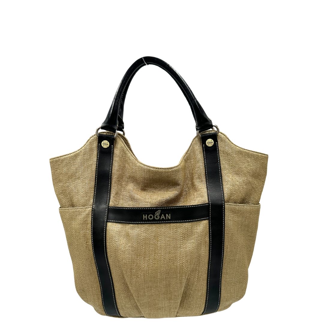 front  Tote Hogan in rafia con finiture in pelle marroni 
