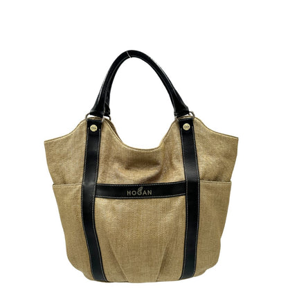 front  Tote Hogan in rafia con finiture in pelle marroni 