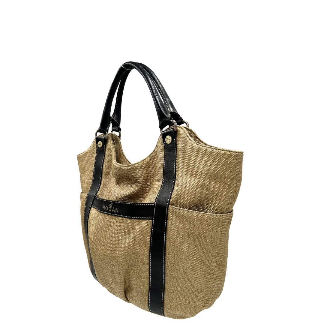 lato  Tote Hogan in rafia con finiture in pelle marroni