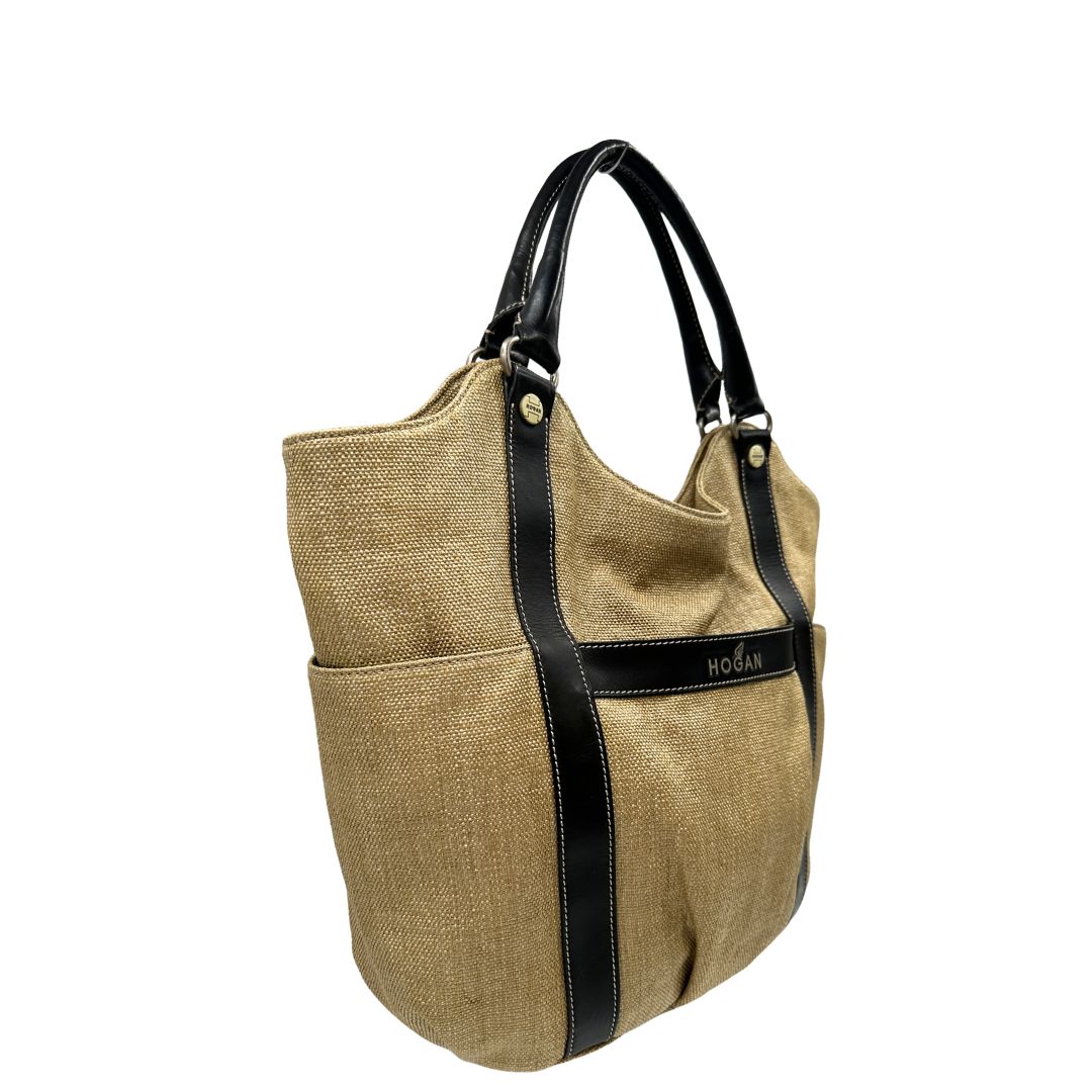 lato   Tote Hogan in rafia con finiture in pelle marroni