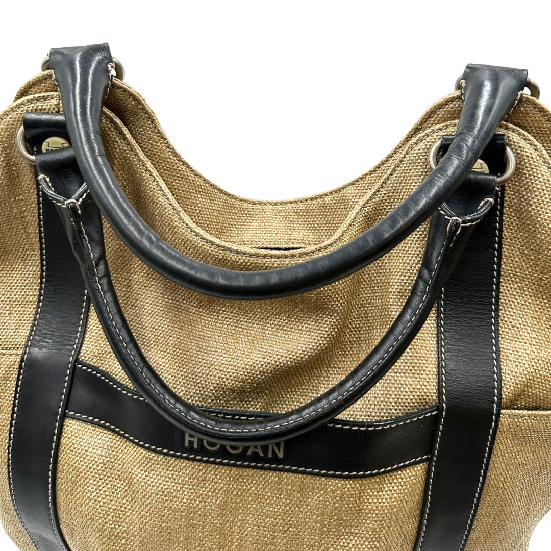 manici  Tote Hogan in rafia con finiture in pelle marroni 