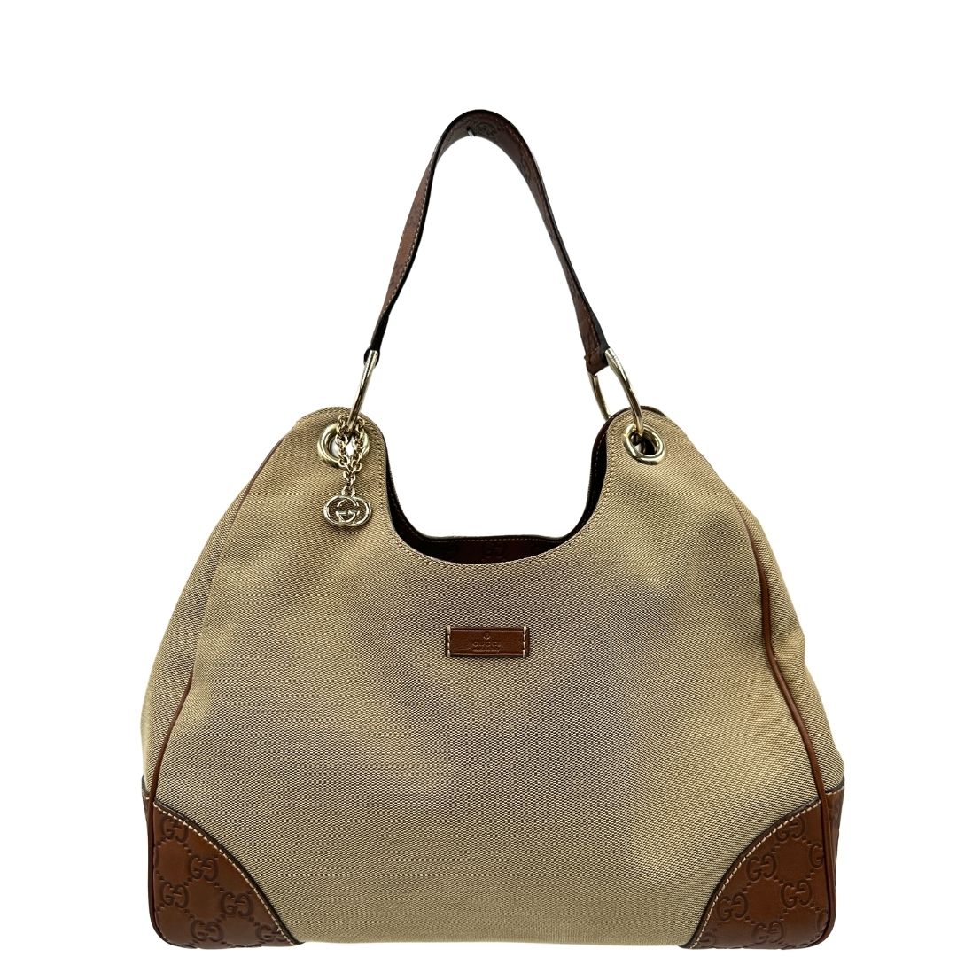 front Borsa Gucci in tessuto color sabbia con finiture in pelle GG marrone 