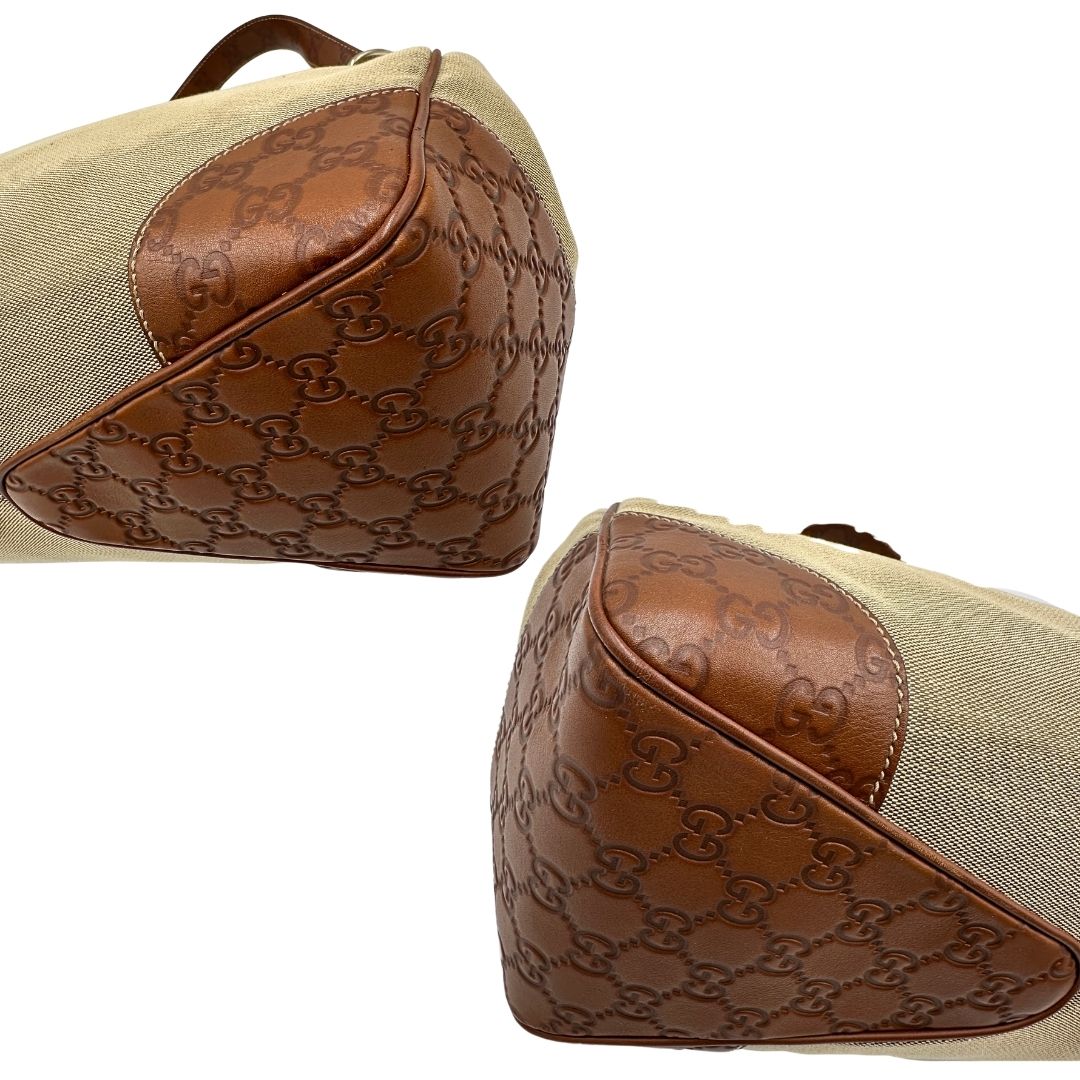 Borsa Gucci in tessuto color sabbia con finiture in pelle GG marrone